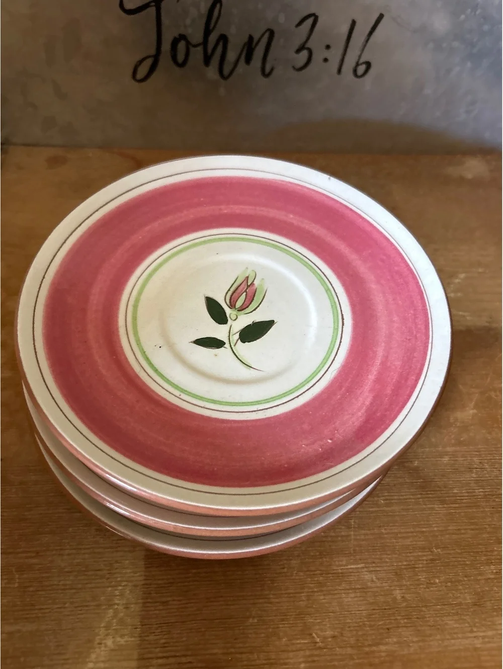 Farmers Pottery Wild Rose Pink and Green Saucer Plates Set of 4